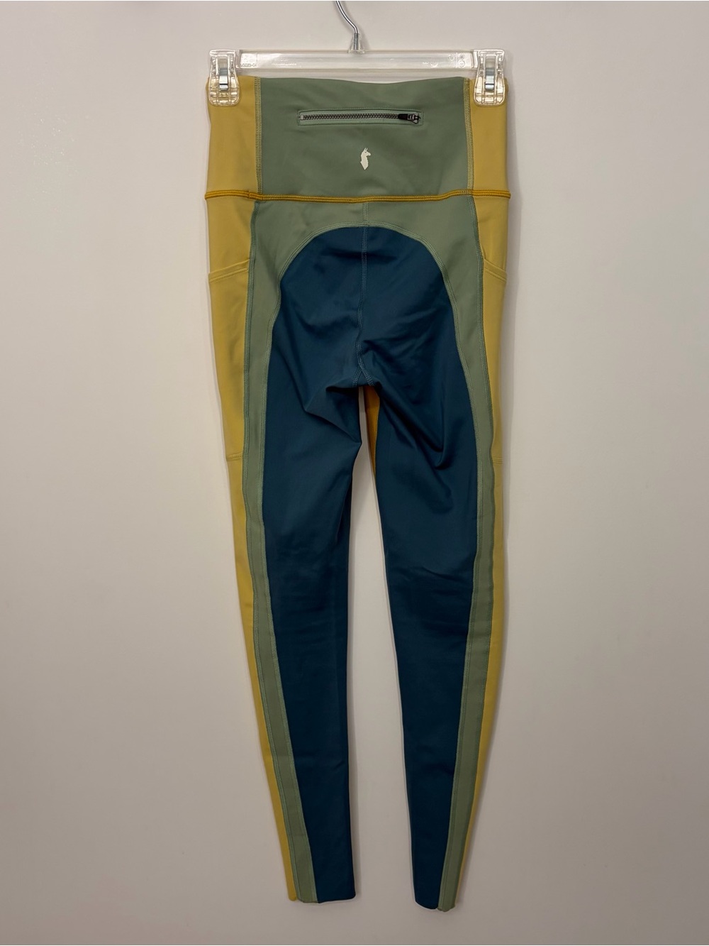 Cotopaxi Colorblock Leggings in Olive, Mustard & Teal Blue - Women’s Size Small